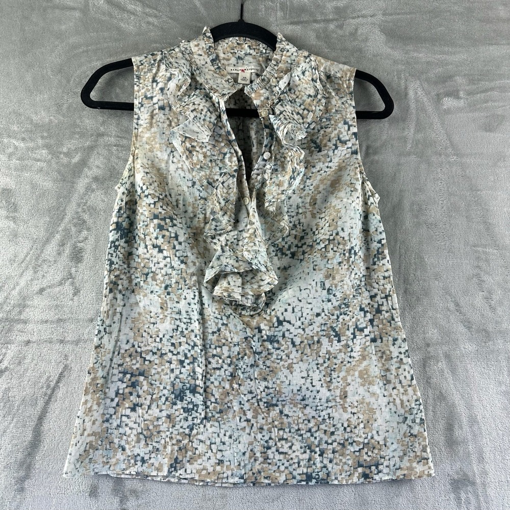 Banana Republic Top Women' XS Tan Blue White Ruffle Details Silk Cotton